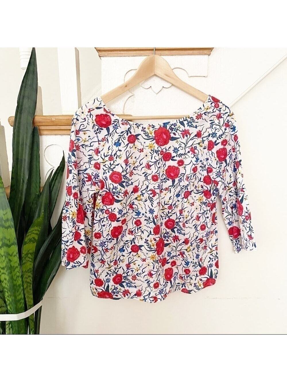 J.Crew Red Floral Botanical Print 3/4 Sleeve Blouse Women's Preppy Top Size 2